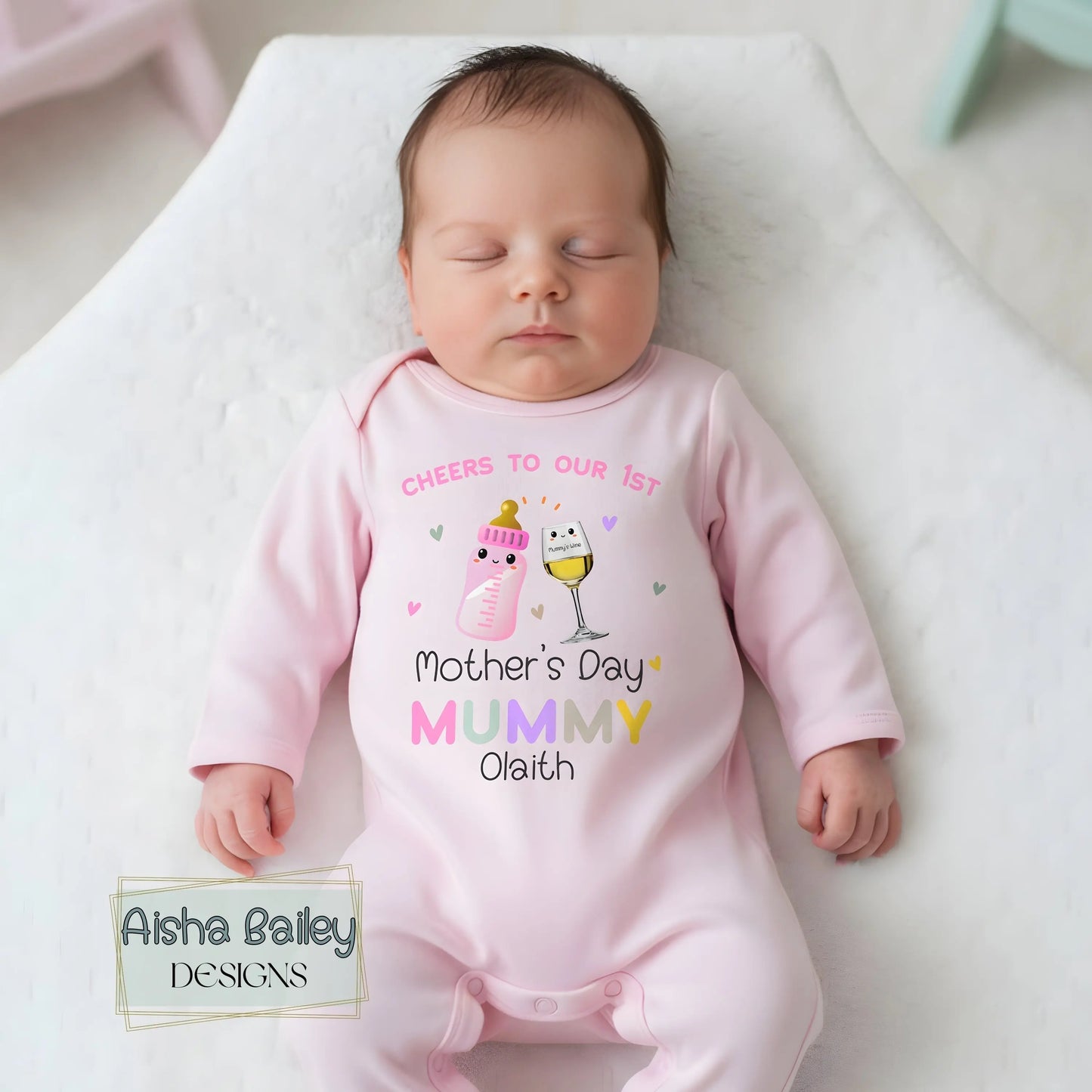 Personalised First Mothers Day baby girl sleepsuit with mummy and daughter drink toast design, custom name Mother’s Day outfit keepsake gift