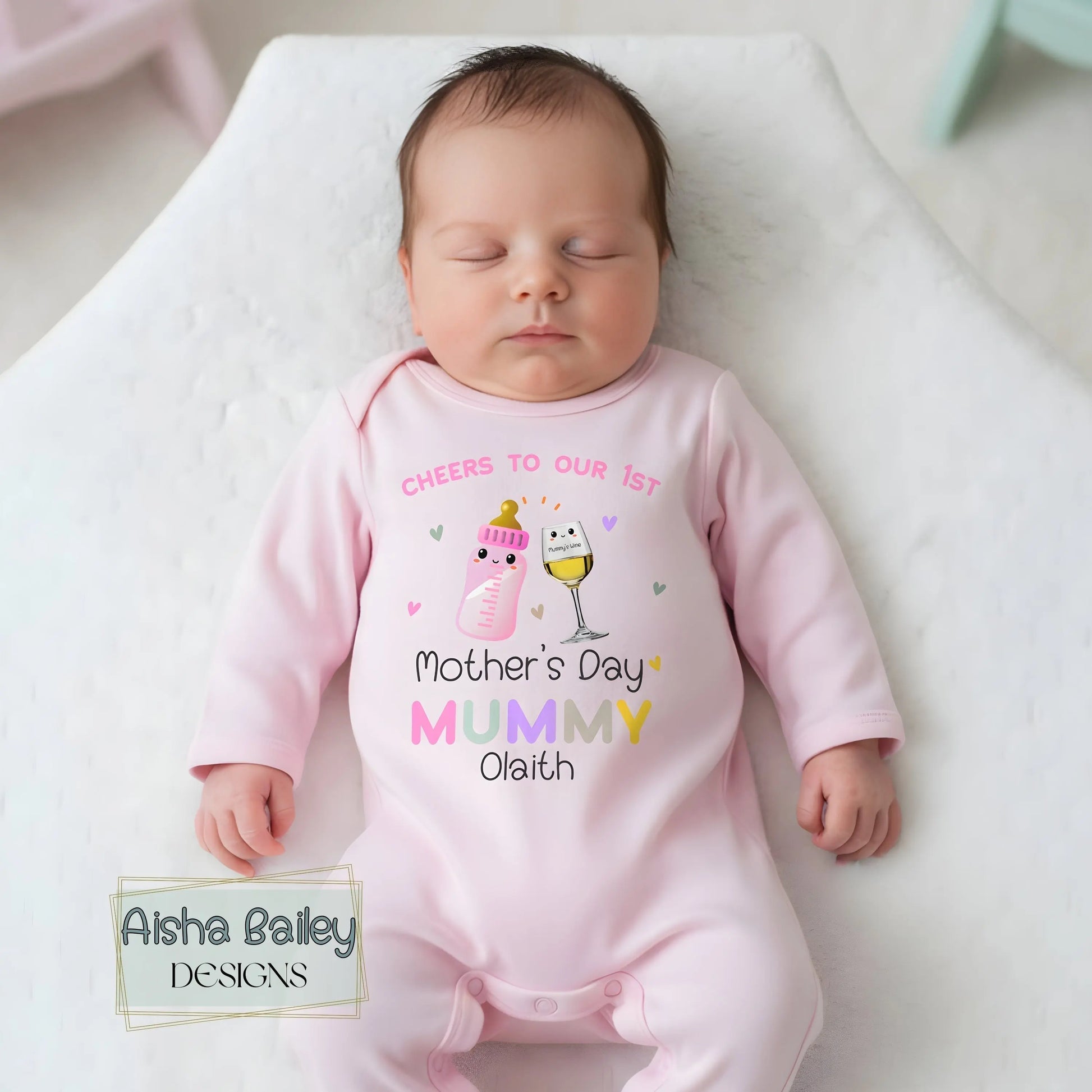 Personalised First Mothers Day baby girl sleepsuit with mummy and daughter drink toast design, custom name Mother’s Day outfit keepsake gift