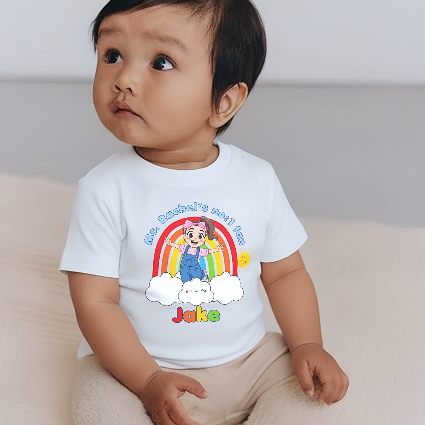 Boys personalised Ms Rachel T-shirt with rainbow and name printed on the front: Ms Rachel's no:1 fan