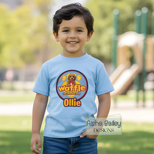 Personalised boys waffle t-shirt featuring Waffle the Wonder Dog with custom child’s name, soft lightweight kids top for nursery, playdates and everyday wear