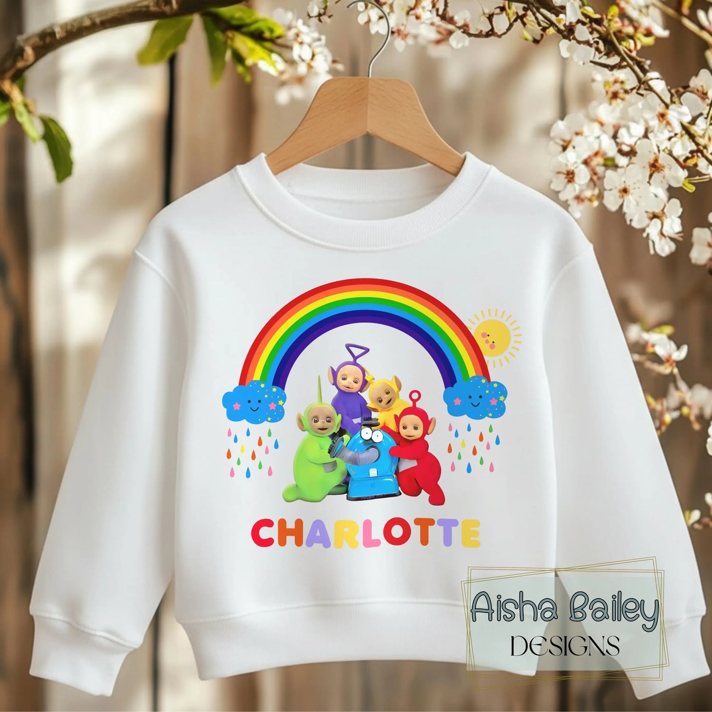 Personalised Teletubbies sweatshirt for girls with rainbow design, custom name, colourful kids jumper, cute teletubbies outfit for everyday wear
