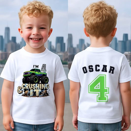 Boys Personalised Monster Truck Birthday T-shirt with Back Print