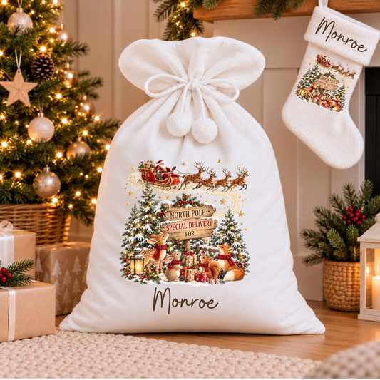 Personalised Christmas Stocking and Santa Sack featuring Santa's sleigh, woodland animals, snowy trees and North Pole wooden sign with child's name.