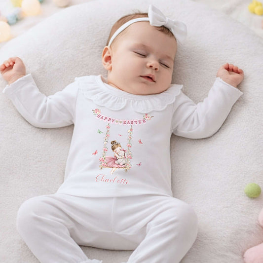 Personalised Easter Pyjamas: Girls Easter Pyjamas personalised with custom Name. Floral Easter bunny design perfect Easter gift for girls