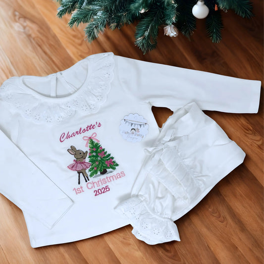 Embroidered First Christmas pyjamas for girls in white, personalised baby Christmas PJs with festive embroidery design