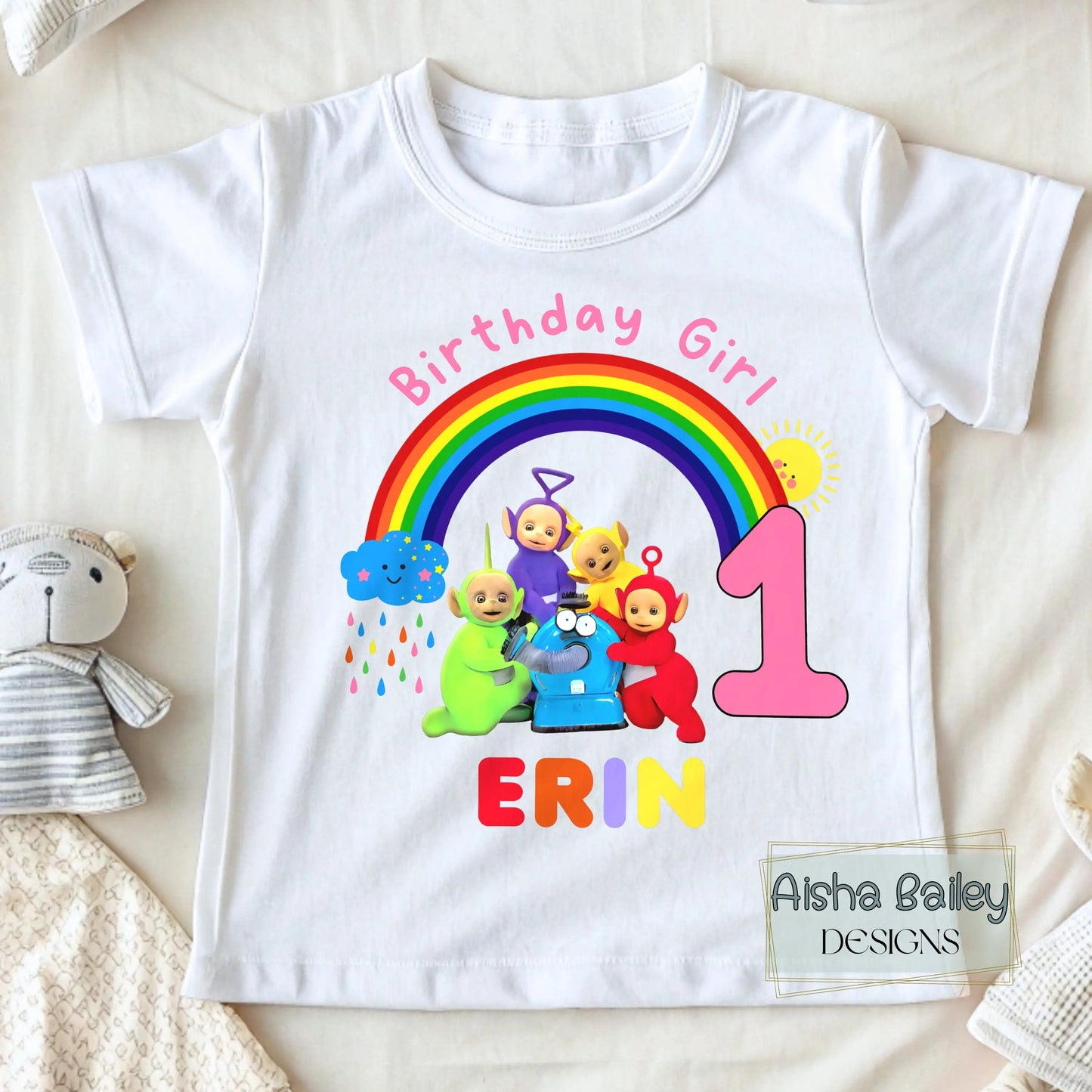 Birthday T-shirt with Name & Age - Custom Teletubbie Design, Custom name t-shirt, personalised 1st 2nd 3rd