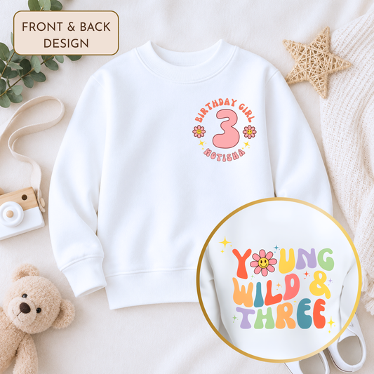 Personalised Young Wild and Three Birthday Sweatshirt, Personalised Girls Young Wild and Three Birthday Sweatshirt with a Groovy Retro Vibe - 3rd Birthday Jumper AishaBaileyDesigns