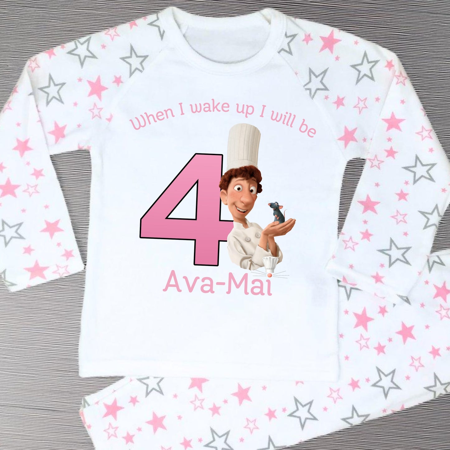 Ratatouille birthday pyjamas: Pink and white star personalised birthday pyjamas with ratatouille character with name and age