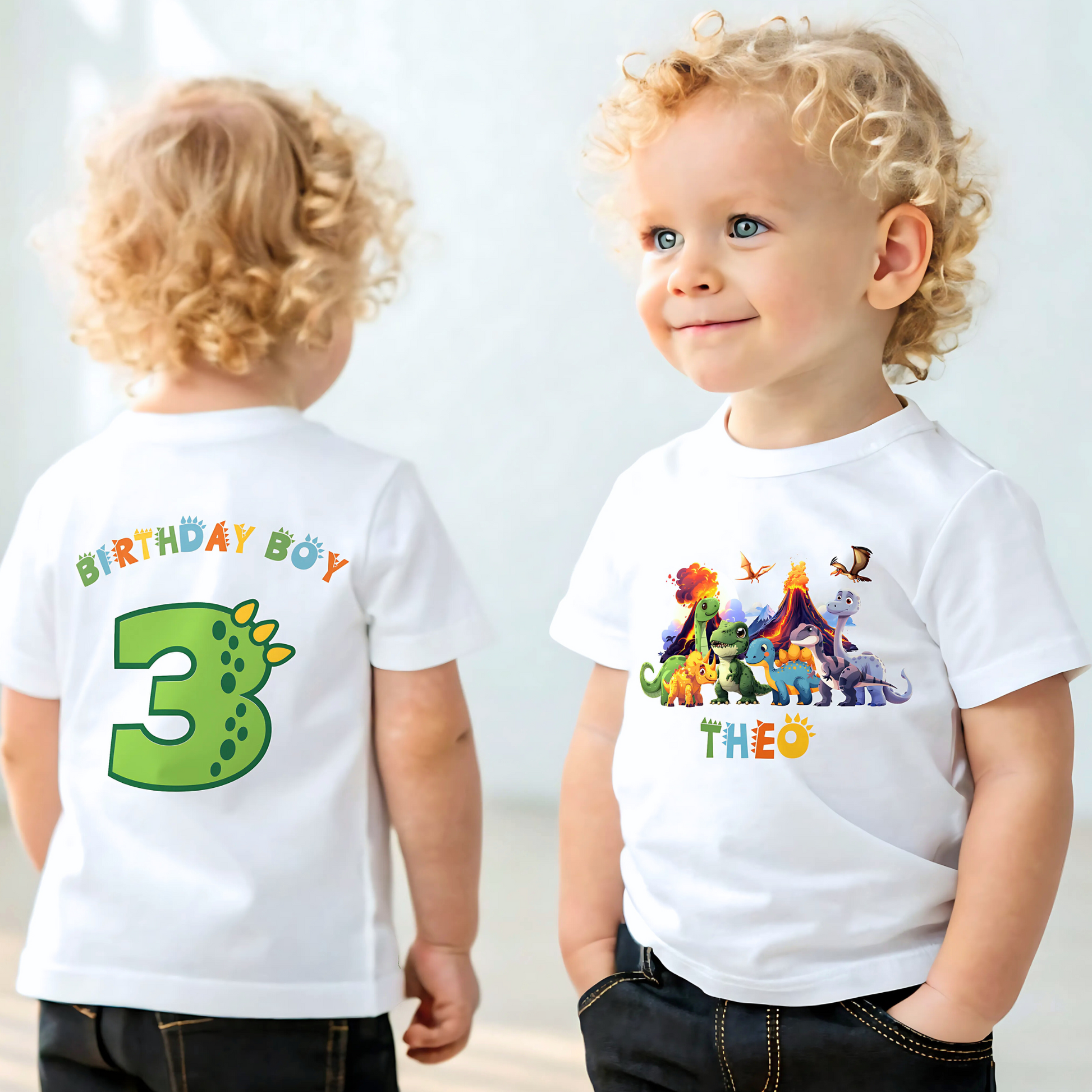 Dinosaur Birthday T-shirt: Personalised Boys Dinosaur Birthday T-Shirt, designed for a toddler's birthday party. The shirt features a vibrant back print of a playful dinosaur number, symbolising the birthday boy age. It's a stylish, comfortable, and customisable Dino Trex Party Top, perfect for a dinosaur-themed celebration. Personalisation options include adding the child's name and age, making it a unique keepsake. Ideal for making your little dino-lover feel special on his birthday.