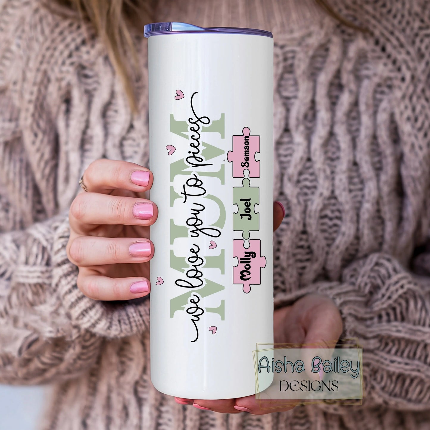 Personalised mum tumbler with We Love You To Pieces puzzle design and custom names, thoughtful gift for mum for mother's day