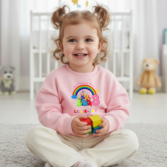 Girls Personalised Teletubbies Birthday Sweatshirt: Personalised Teletubbies Birthday, custom name sweatshirt. Personalised 1st 2nd 3rd birthday