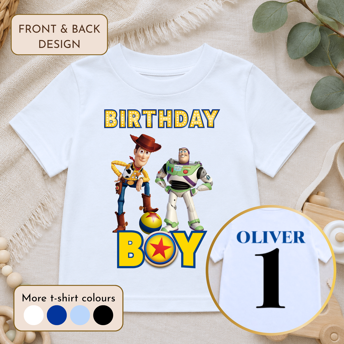 Personalised Buzz and Woody Birthday T-Shirt with child’s name and age, featuring a colourful Toy Story design for boys celebrating their special day.