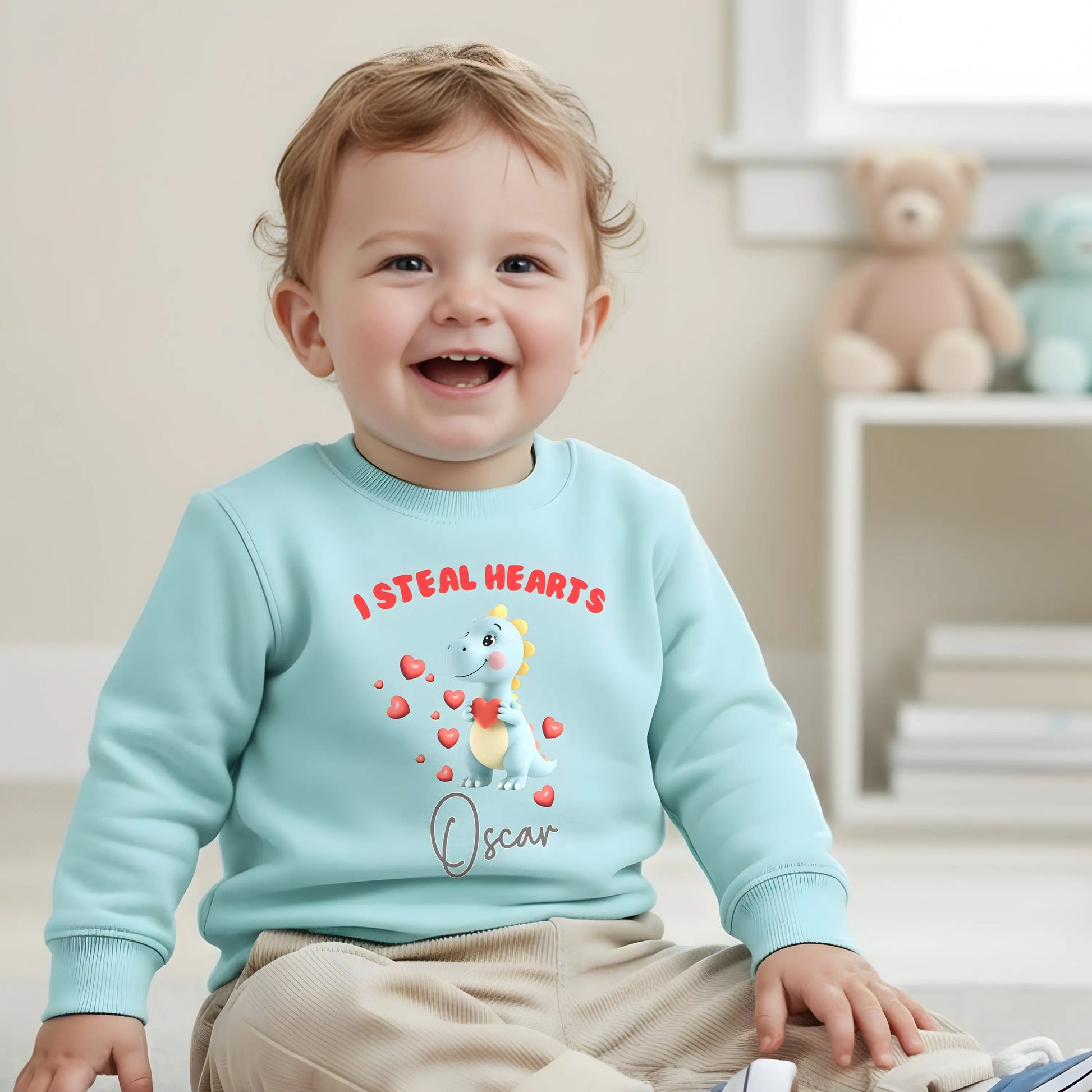Boys personalised Valentines Day Sweatshirt, dinosaur I steal heart with custom name