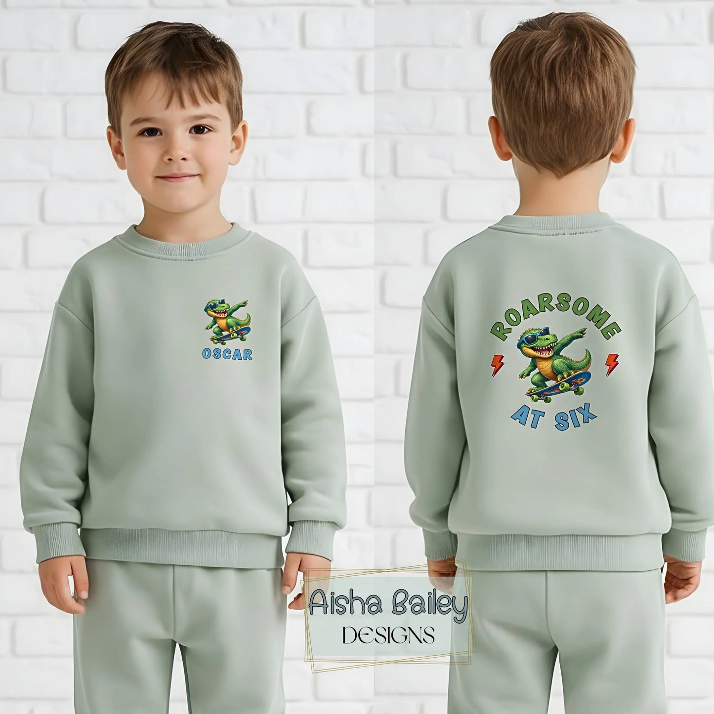 Personalised birthday loungewear set for boys with skateboard dinosaur design, custom name and age print, soft sweatshirt and matching bottoms for birthday celebrations