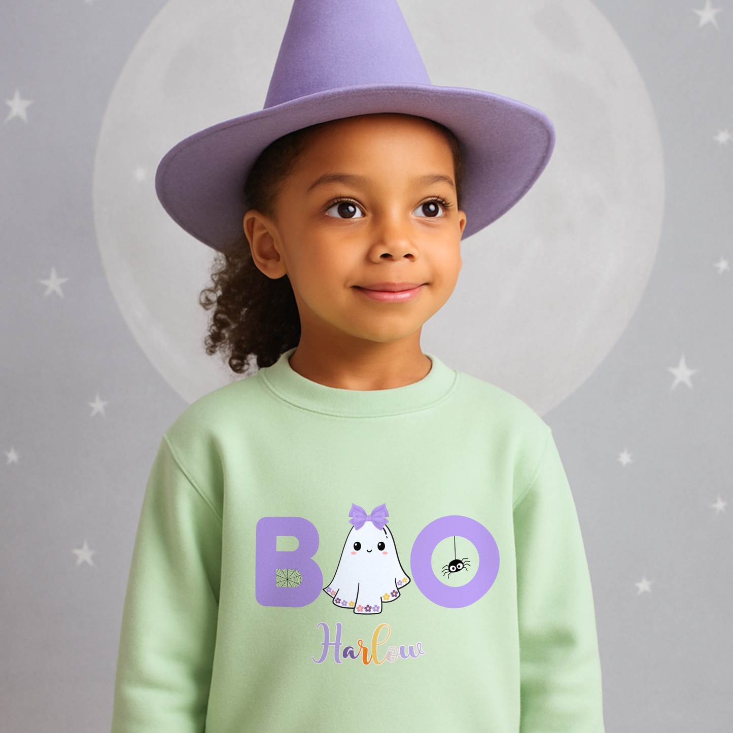 Personalised Halloween sweatshirt for girls - Personalised Halloween sweatshirt for girls with cute ghost “Boo” design in lilac