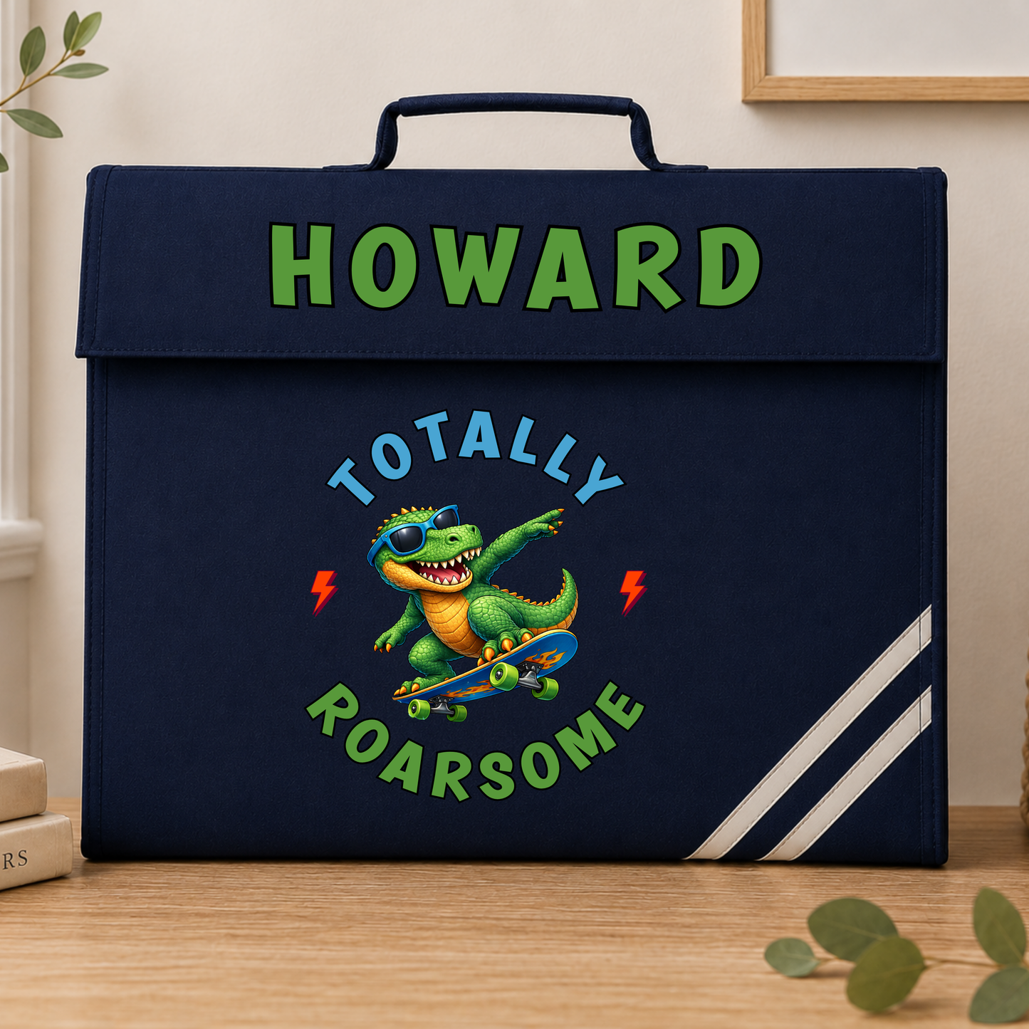 Personalised Back to School Book Bag, Boys School Book Bag with name and colourful skateboarding dinosaur design, available in green, navy, royal blue and burgundy.