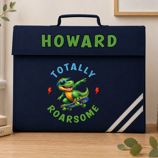 Personalised Back to School Book Bag, Boys School Book Bag with name and colourful skateboarding dinosaur design, available in green, navy, royal blue and burgundy.