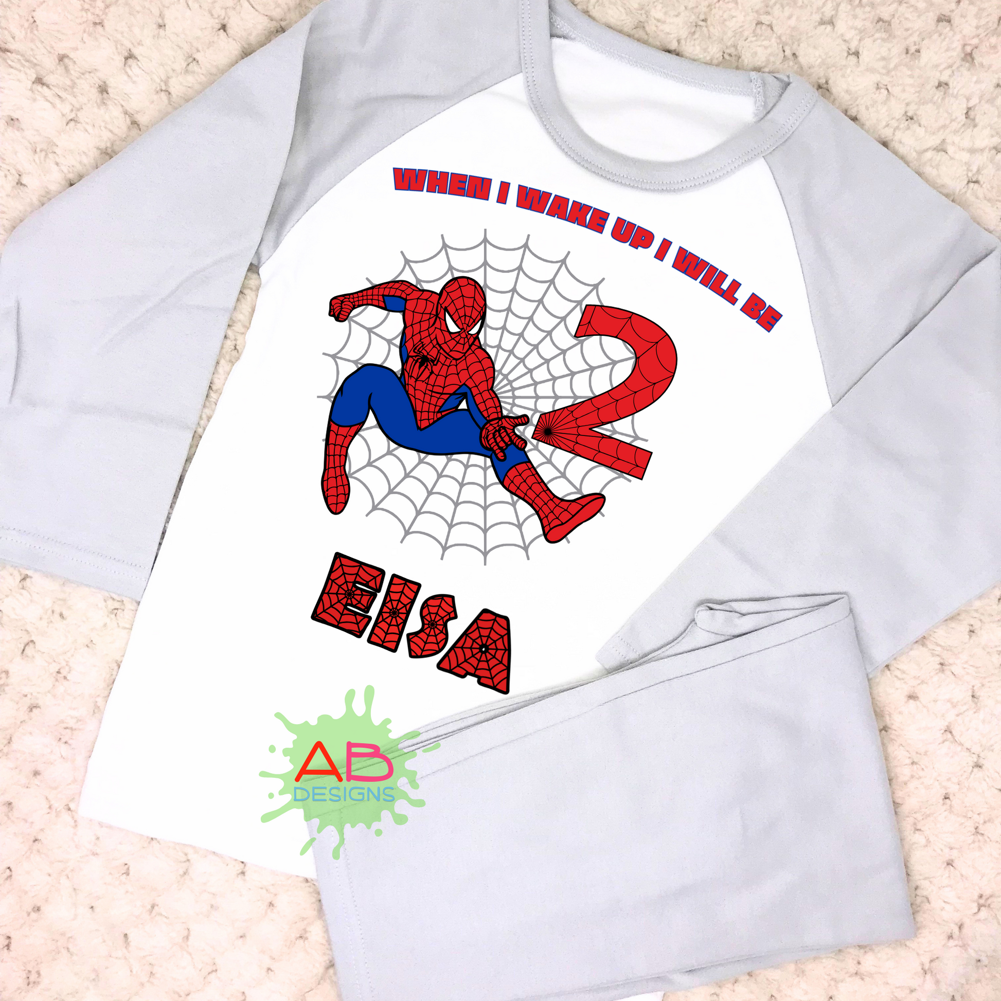 spiderman birthday pyjamas, when i wake up spiderman, superhero birthday pyjamas, spiderman name number