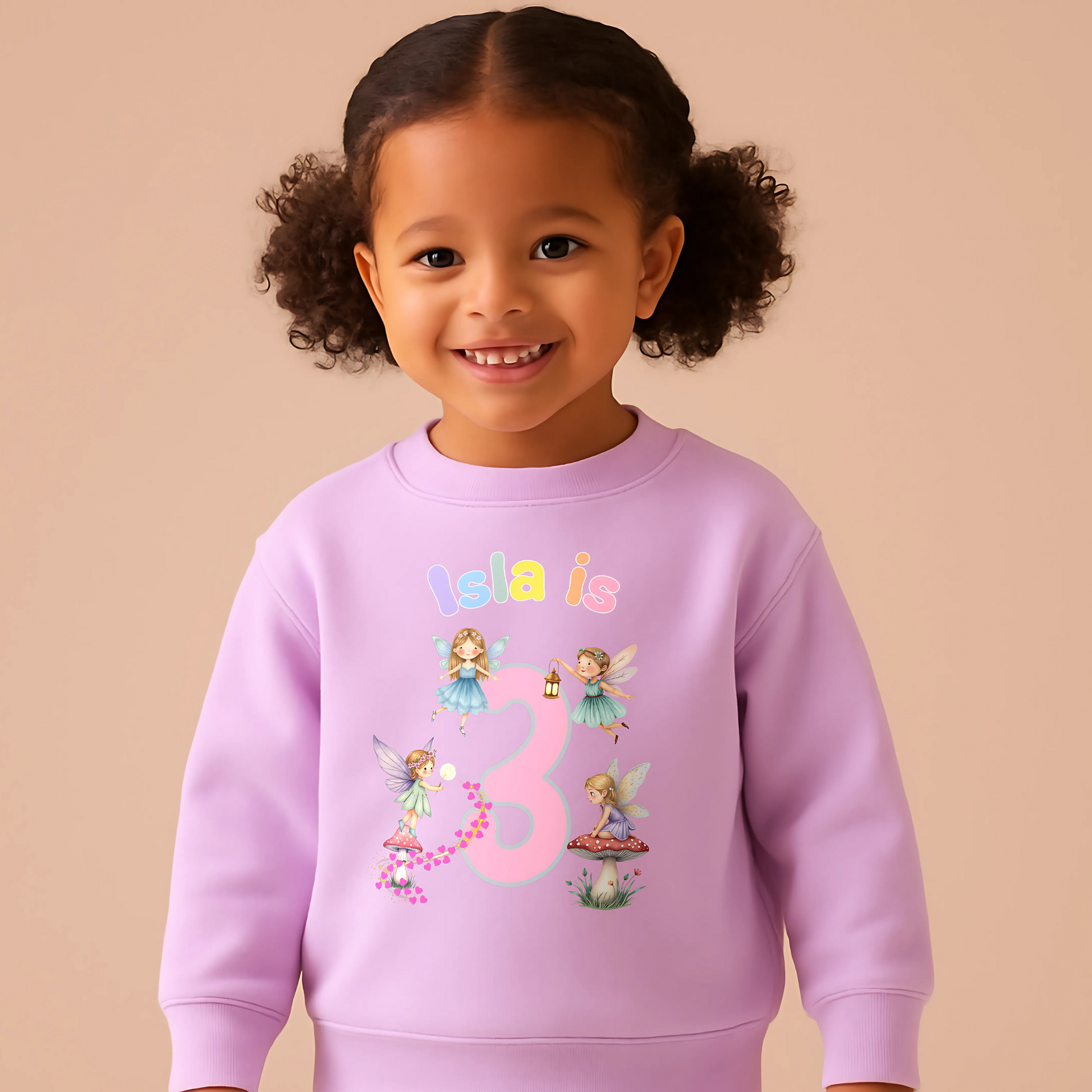 personalised fairy birthday sweatshirt for girls. Custom name & age design, perfect magical birthday outfit or gift for toddlers and children.