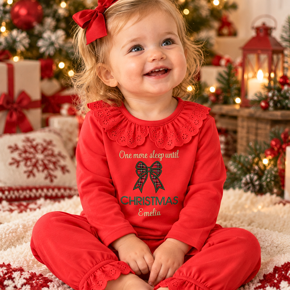 Girls Christmas Pyjamas personalised red frill nightwear with embroidered tartan bow, Christmas wording and child's name