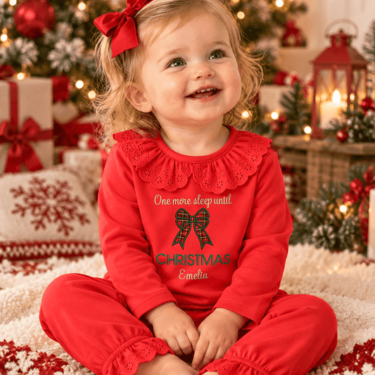 Girls Christmas Pyjamas personalised red frill nightwear with embroidered tartan bow, Christmas wording and child's name