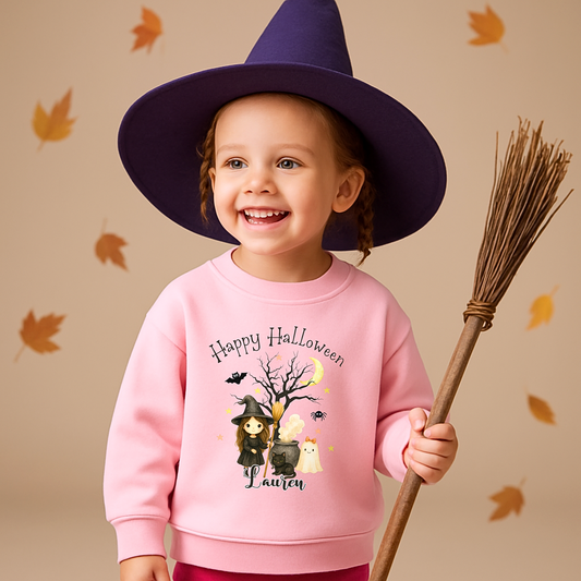 Personalised Halloween sweatshirt with cute witch design for kids, girls halloween jumper sweater with name, custom name halloween jumper