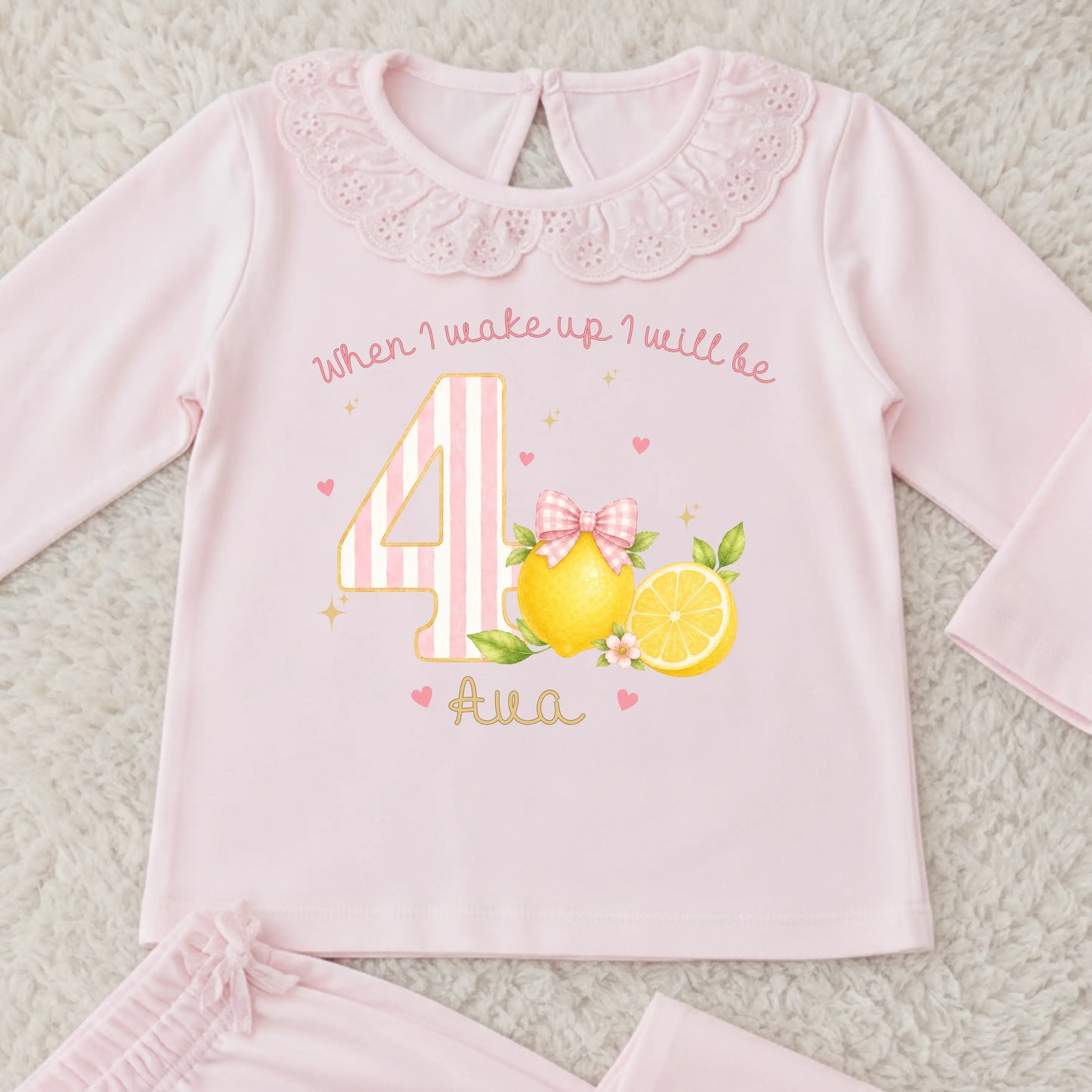 Personalised Pink Lemon Birthday Pyjamas for Girls – Pink Stripe Gingham Lemon PJs AishaBaileyDesigns