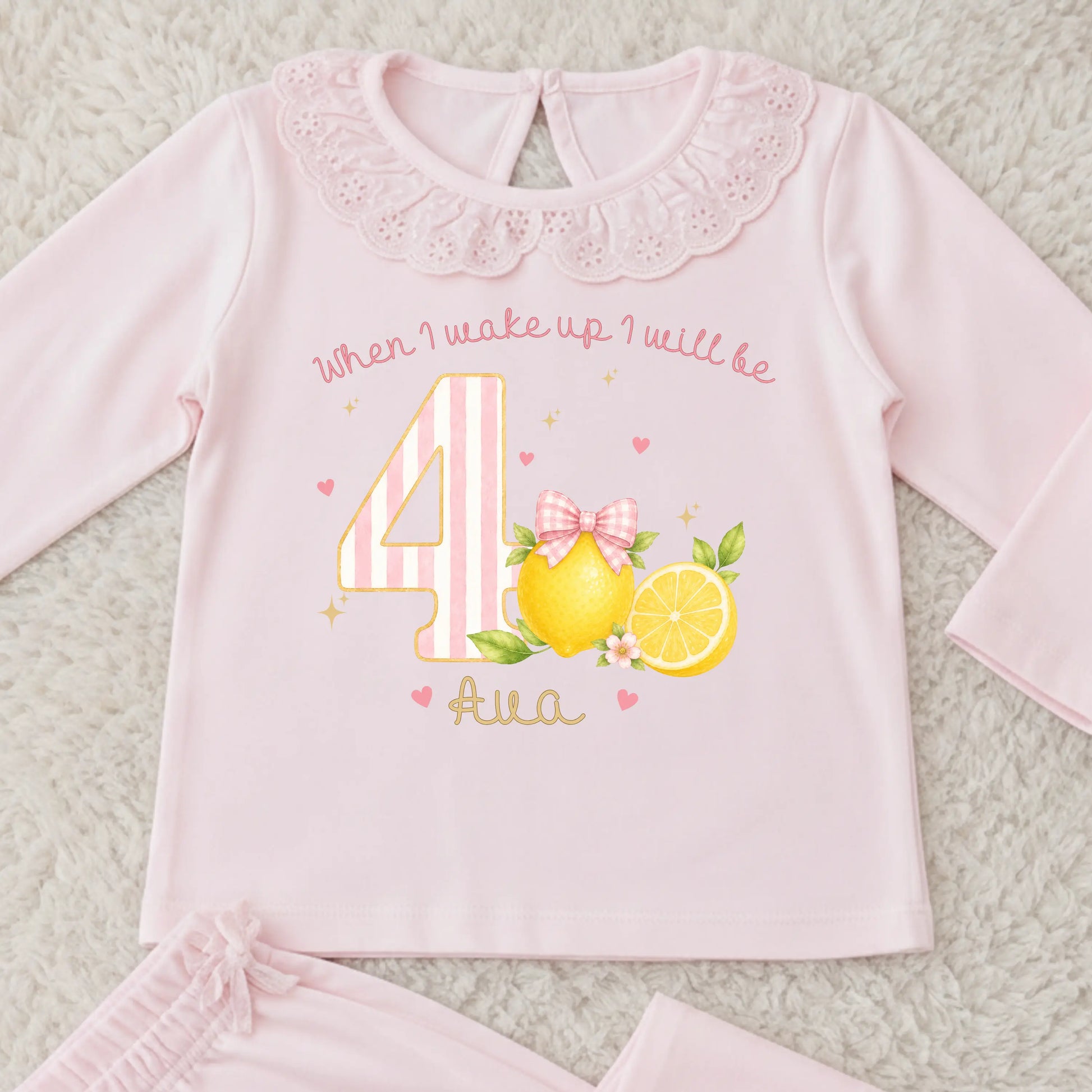Personalised Pink Lemon Birthday Pyjamas for Girls – Pink Stripe Gingham Lemon PJs AishaBaileyDesigns