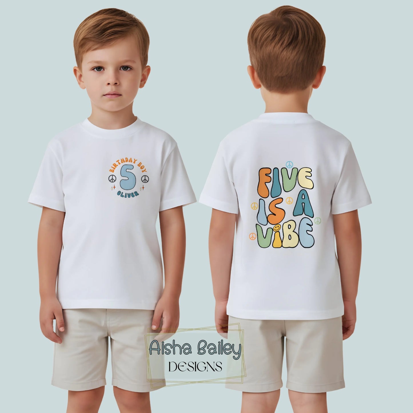 Boys personalised five is a vibe birthday t-shirt with back print and custom name
