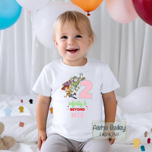 Personalised Two Infinity and Beyond birthday t-shirt for girls with custom name second birthday Toy Story inspired shirt