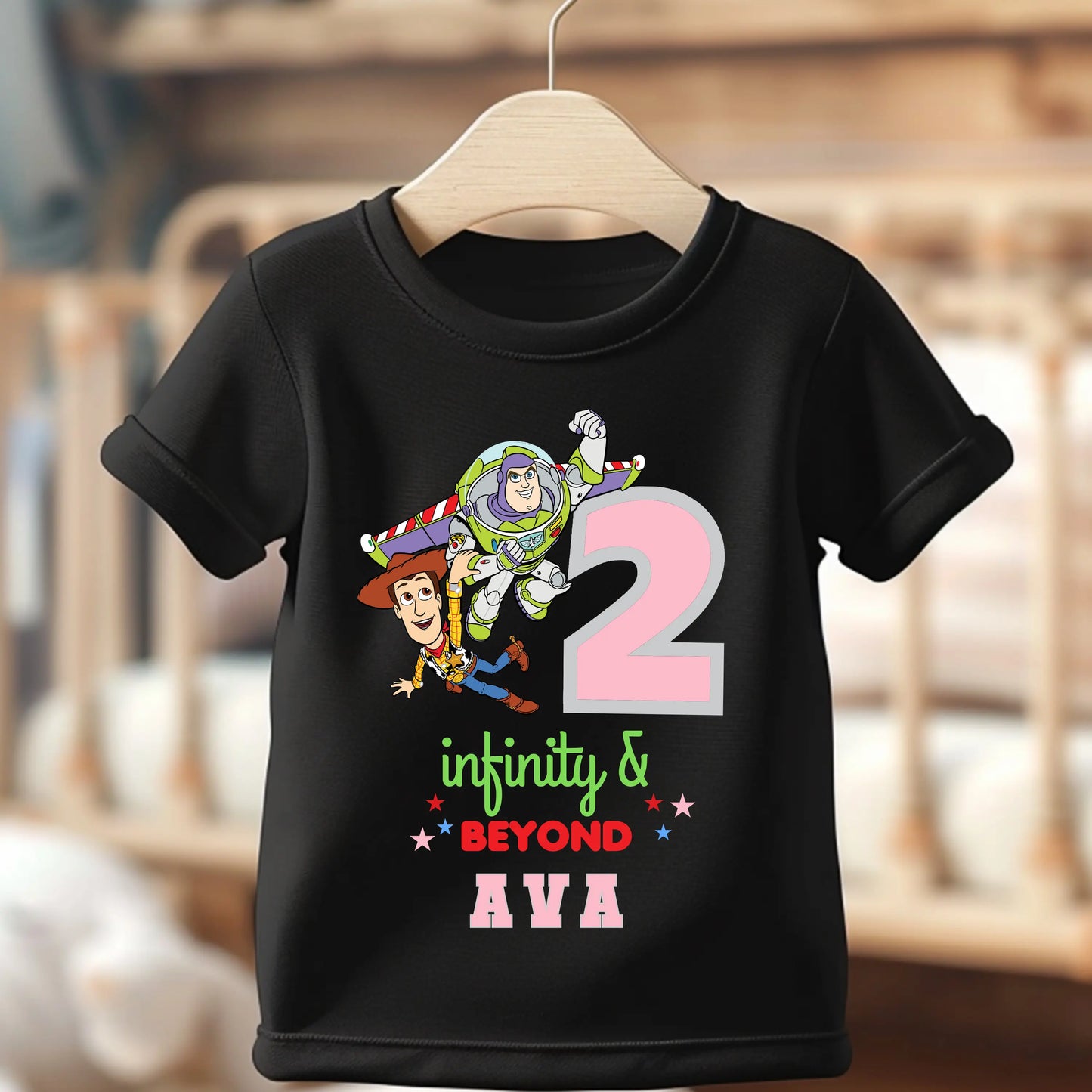 Personalised Two Infinity and Beyond birthday t-shirt for girls with custom name second birthday Toy Story inspired shirt