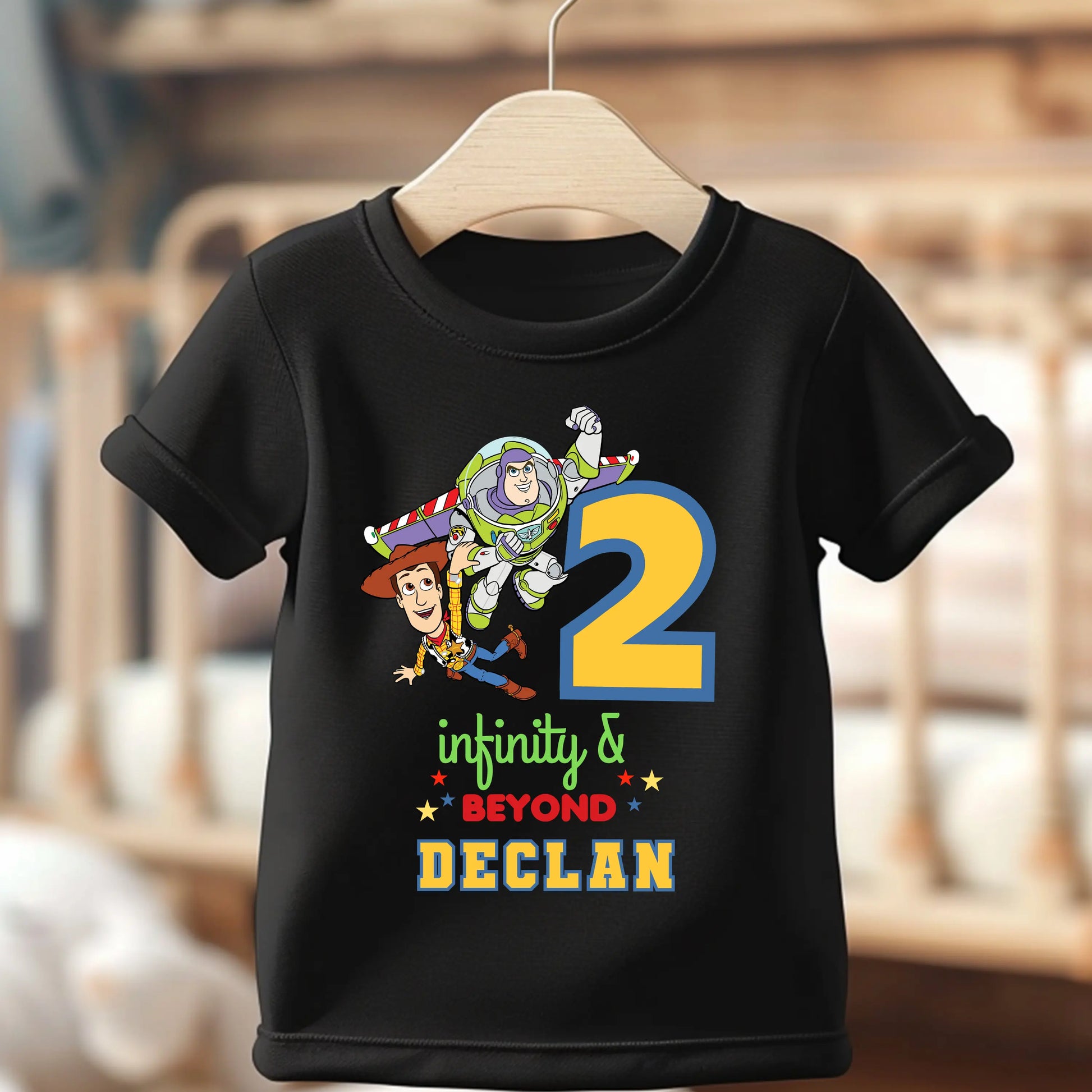Personalised Two Infinity and Beyond birthday t-shirt for boys with custom name second birthday Toy Story 
