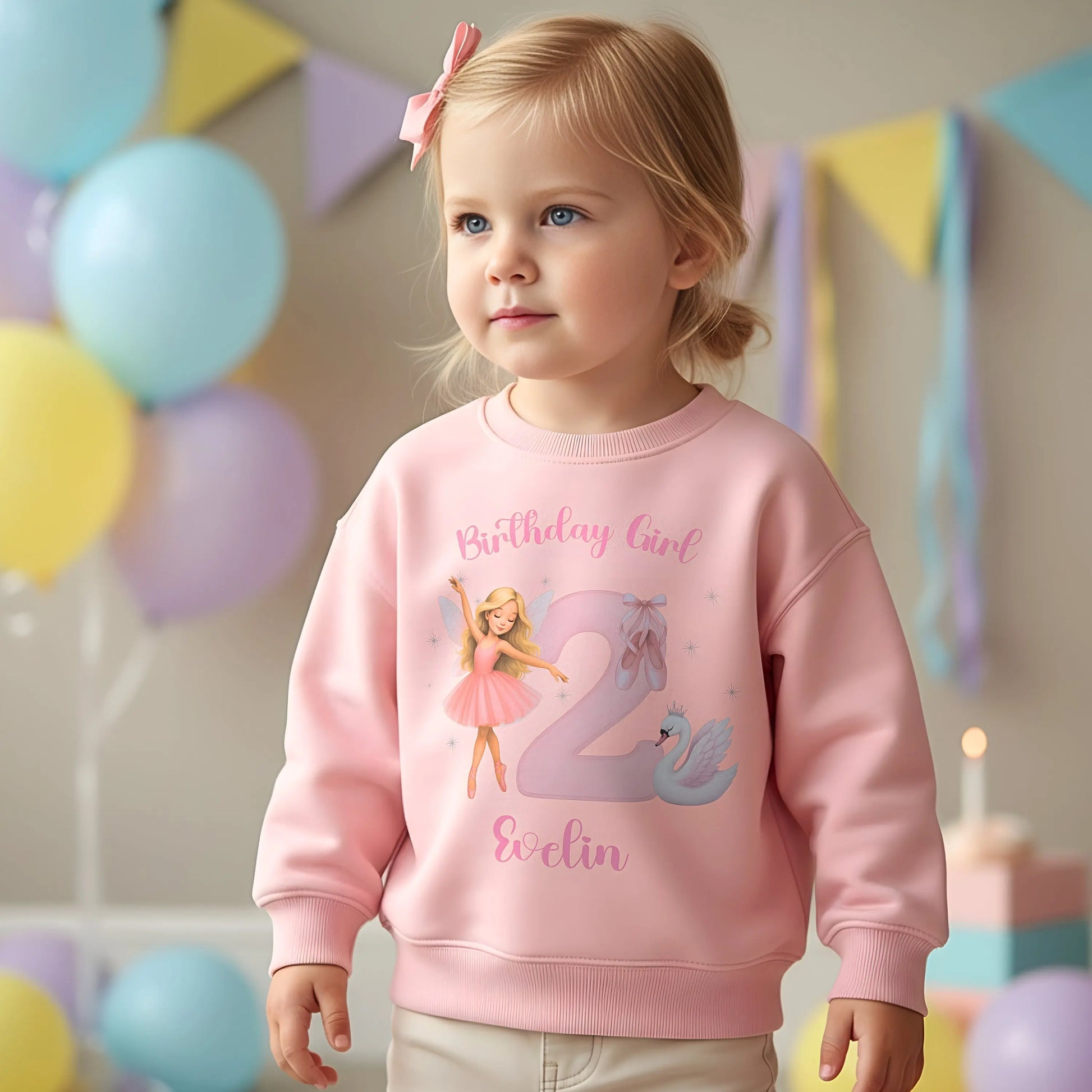 Personalised Ballerina Birthday Sweatshirt for Girls with custom name and age. The perfect cute birthday gift for girls