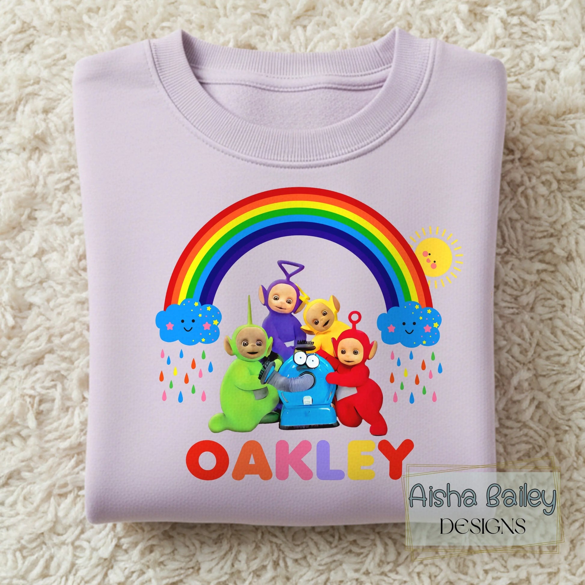Personalised Teletubbies sweatshirt for girls with rainbow design, custom name, colourful kids jumper, cute teletubbies outfit for everyday wear