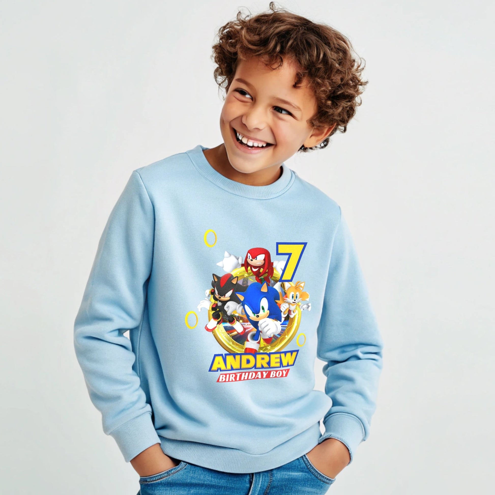 Sonic birthday sweatshirt, sonic jumper with name, custom sonic sweatshirt, gamers birthday jumper, personalised birthday gift, boys sonic birthday outfit