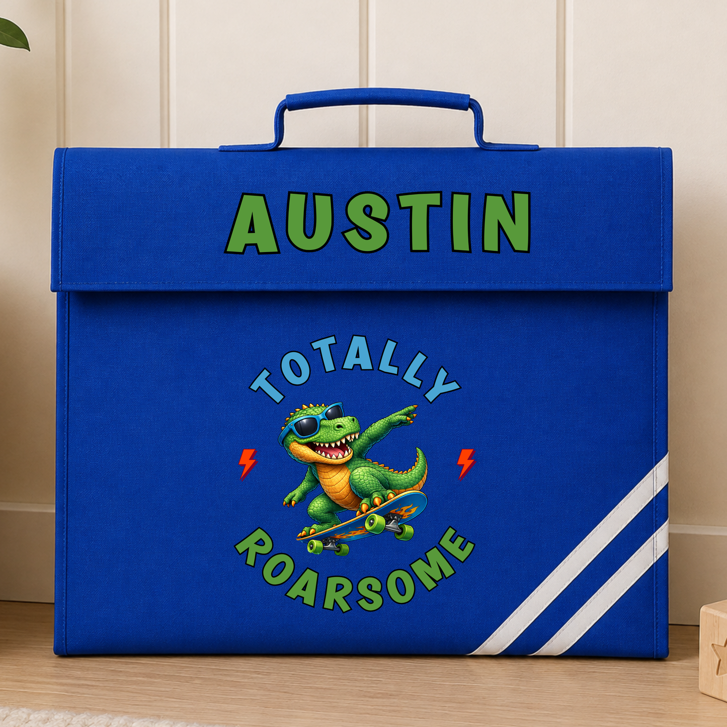 Personalised Back to School Book Bag, Boys School Book Bag with name and colourful skateboarding dinosaur design, available in green, navy, royal blue and burgundy.