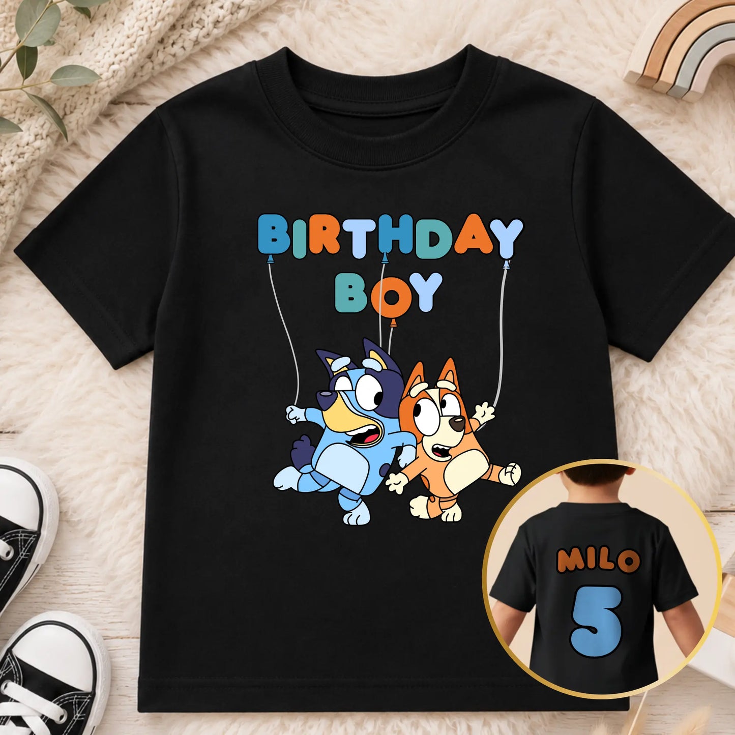 Boys Personalised Bluey and Bingo Birthday T-shirt - Bluey and Bingo Tee Back and Front Print AishaBaileyDesigns