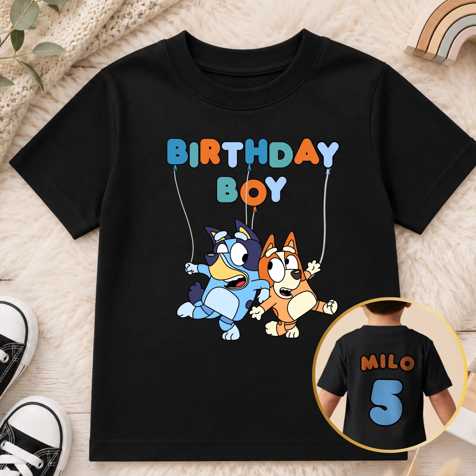 Boys Personalised Bluey and Bingo Birthday T-shirt - Bluey and Bingo Tee Back and Front Print AishaBaileyDesigns