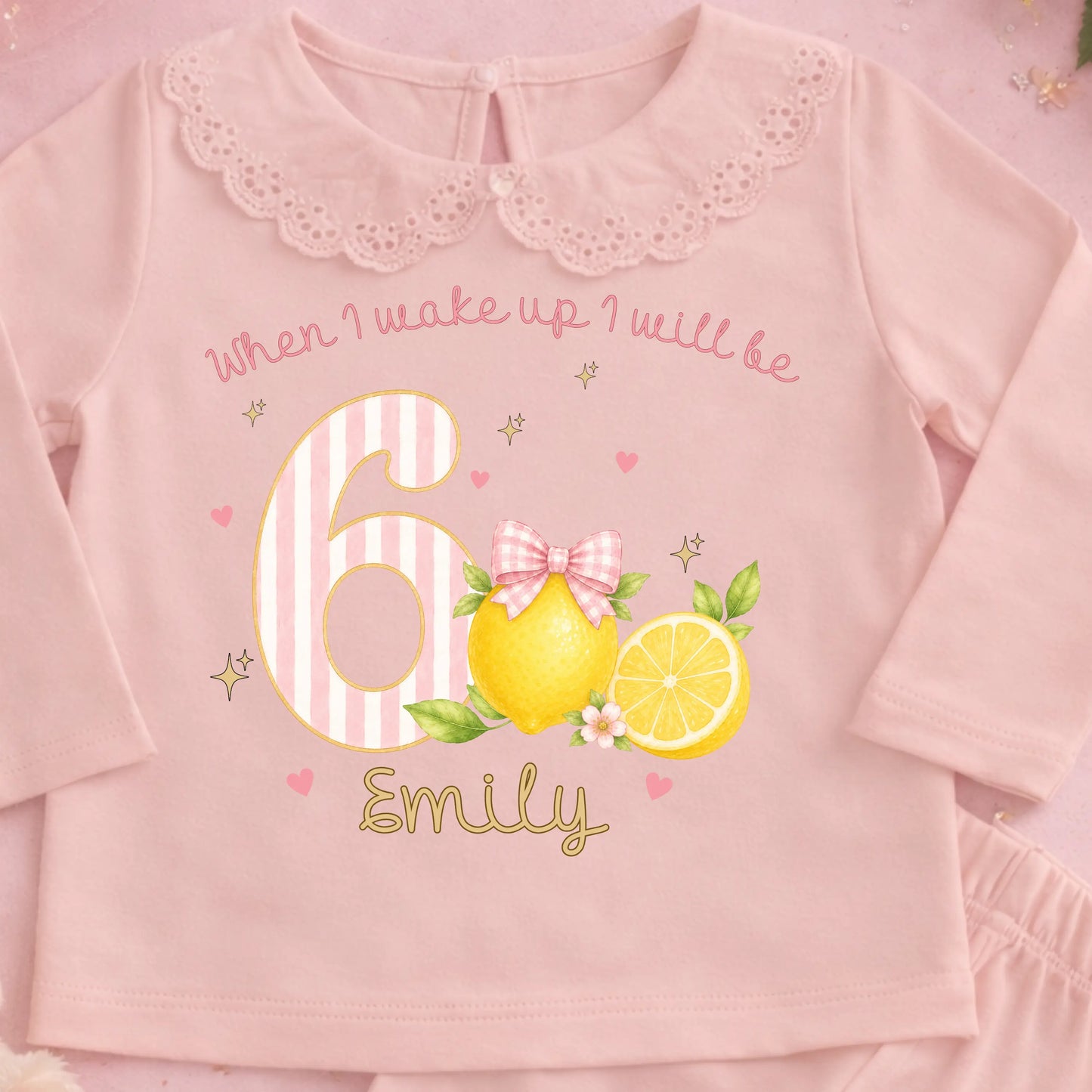 Personalised Pink Lemon Birthday Pyjamas for Girls – Pink Stripe Gingham Lemon PJs AishaBaileyDesigns