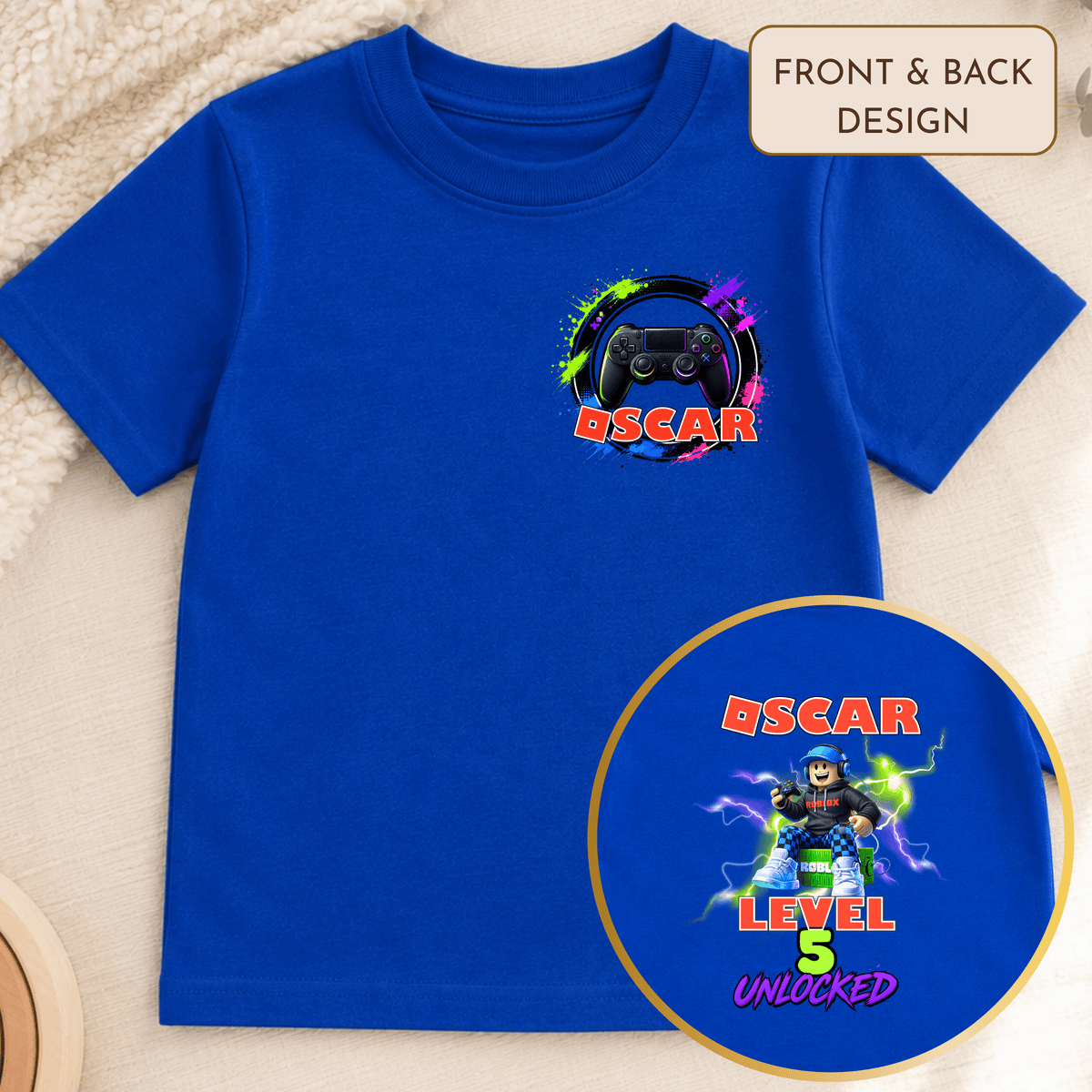 Personalised Roblox Birthday T-Shirt for Boys with custom name, age, gaming controller and Level Unlocked front and back design