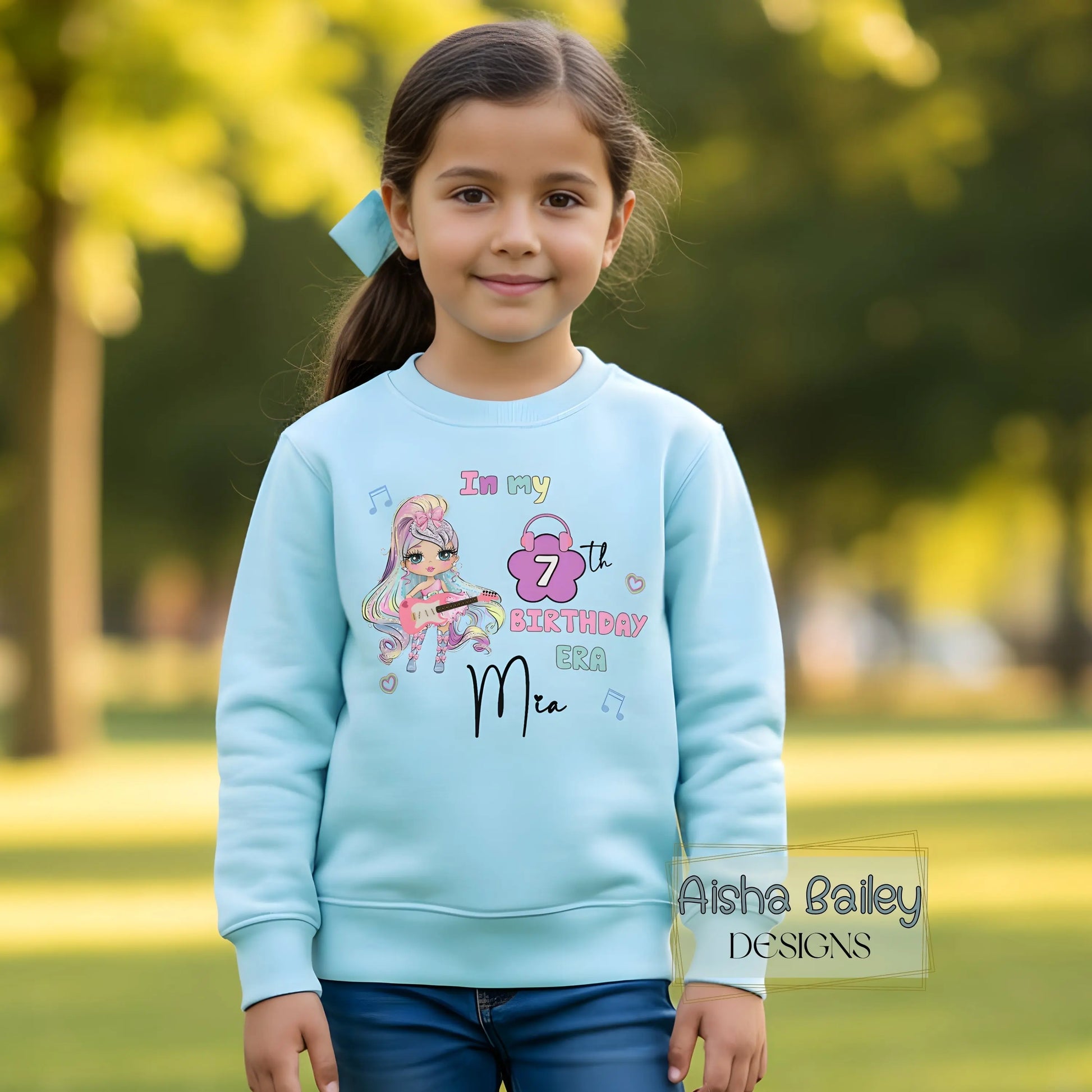 Personalised Girls Birthday Sweatshirt:  In My Birthday Era glitter-effect doll birthday sweatshirt with custom name and age, girls cosy birthday jumper no real glitter