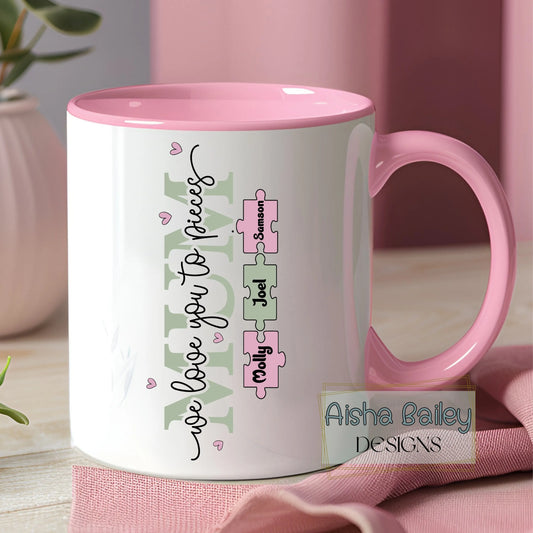 Personalised mum mug with We Love You To Pieces puzzle design and custom names, thoughtful gift for mum for mother's day