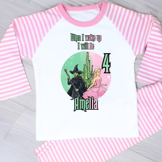 Pink Wicked Birthday Pyjamas for Girls with custom name and age featuring magical character design.