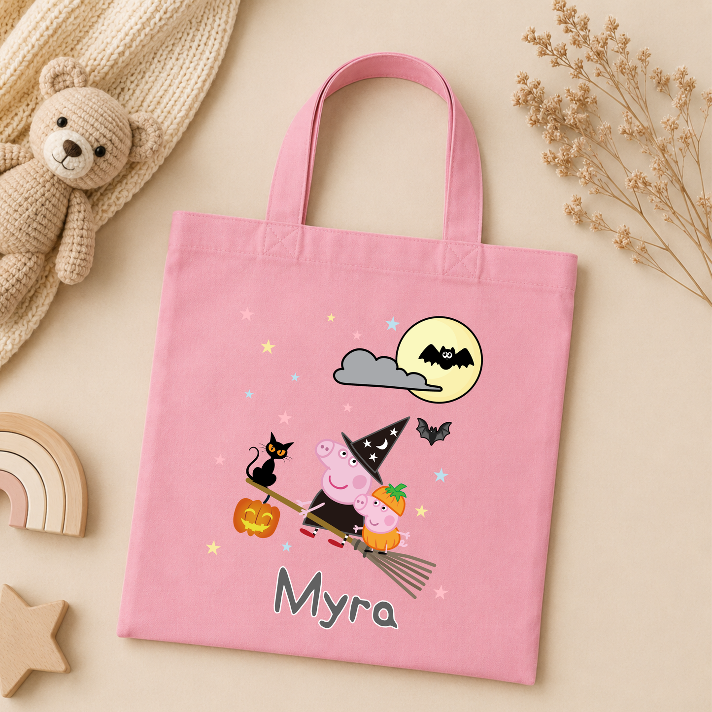 Kids Personalised Halloween Trick or Treat Bag with Peppa Pig witch design, personalised name, bats, moon and pumpkin