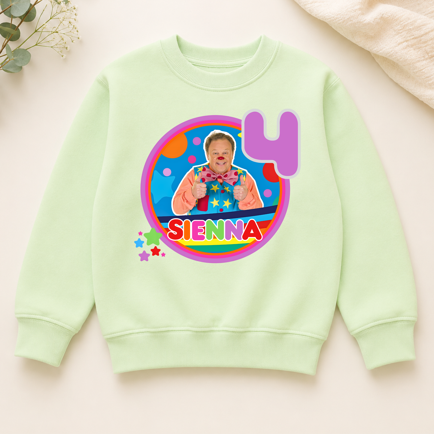 Girls Personalised Mr Tumble Birthday Sweatshirt, A sweatshirt with a Mr Tumble birthday design for girls which is personalised with their custom name and age