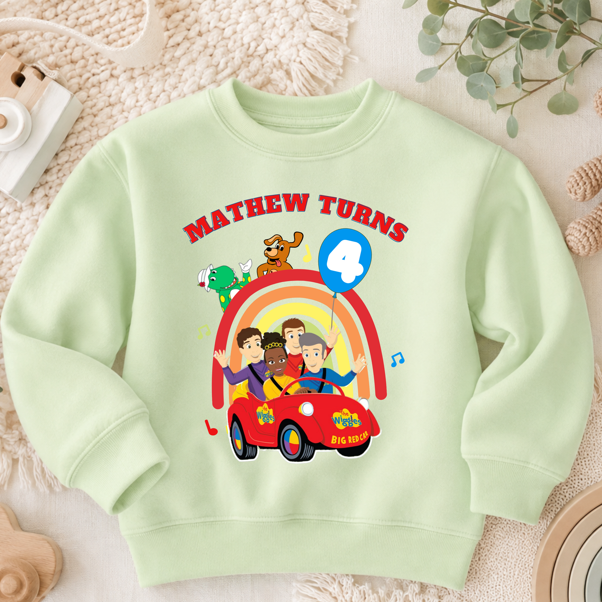 Boys Personalised Wiggles Birthday Sweatshirt with colourful character design, customised with any name and age for a fun boys birthday outfit.