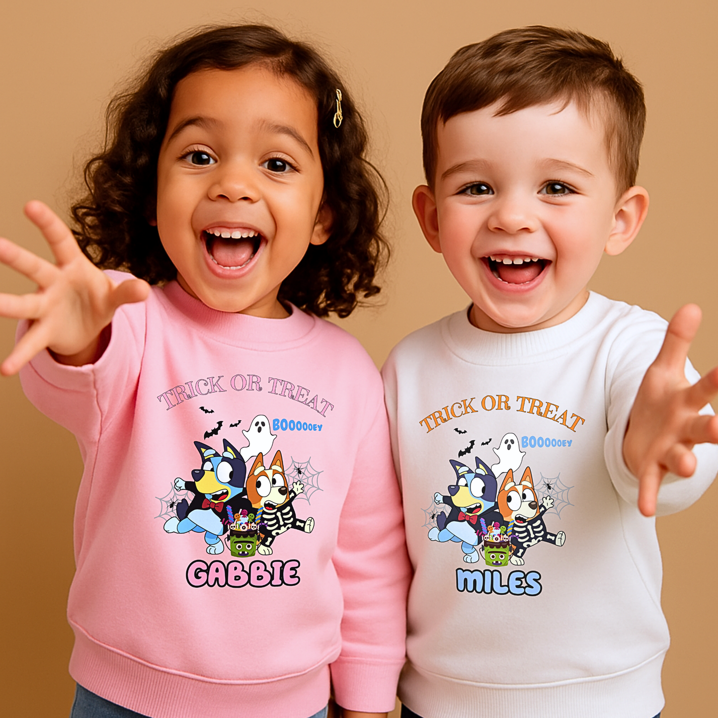 Personalised Halloween sweatshirt with Bluey and Bingo design and custom name for kids
