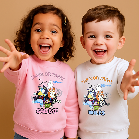 Personalised Halloween sweatshirt with Bluey and Bingo design and custom name for kids