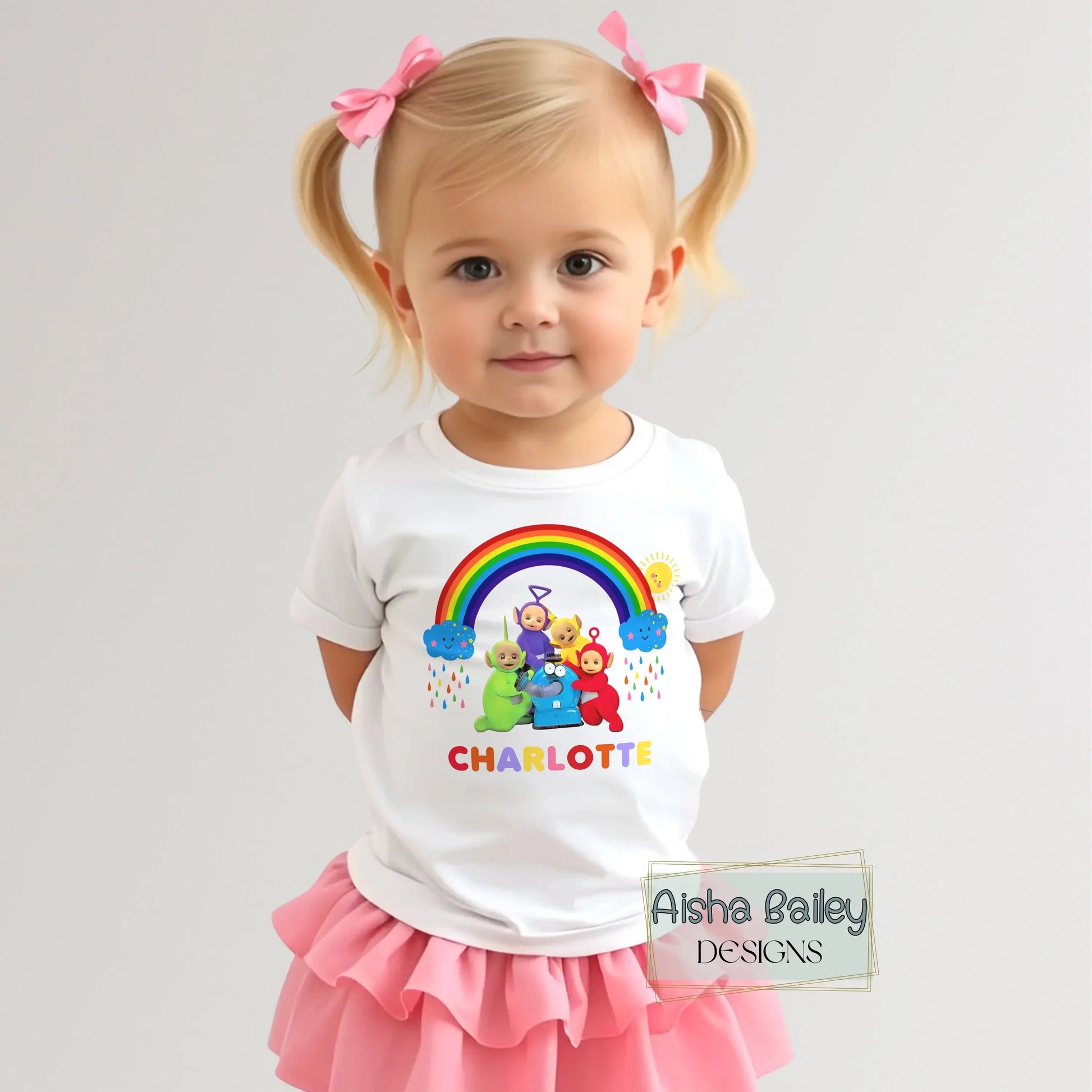 Teletubbies personalised sweatshirt for girls with rainbow design, custom name , colourful kids jumper, cute character outfit for everyday wear