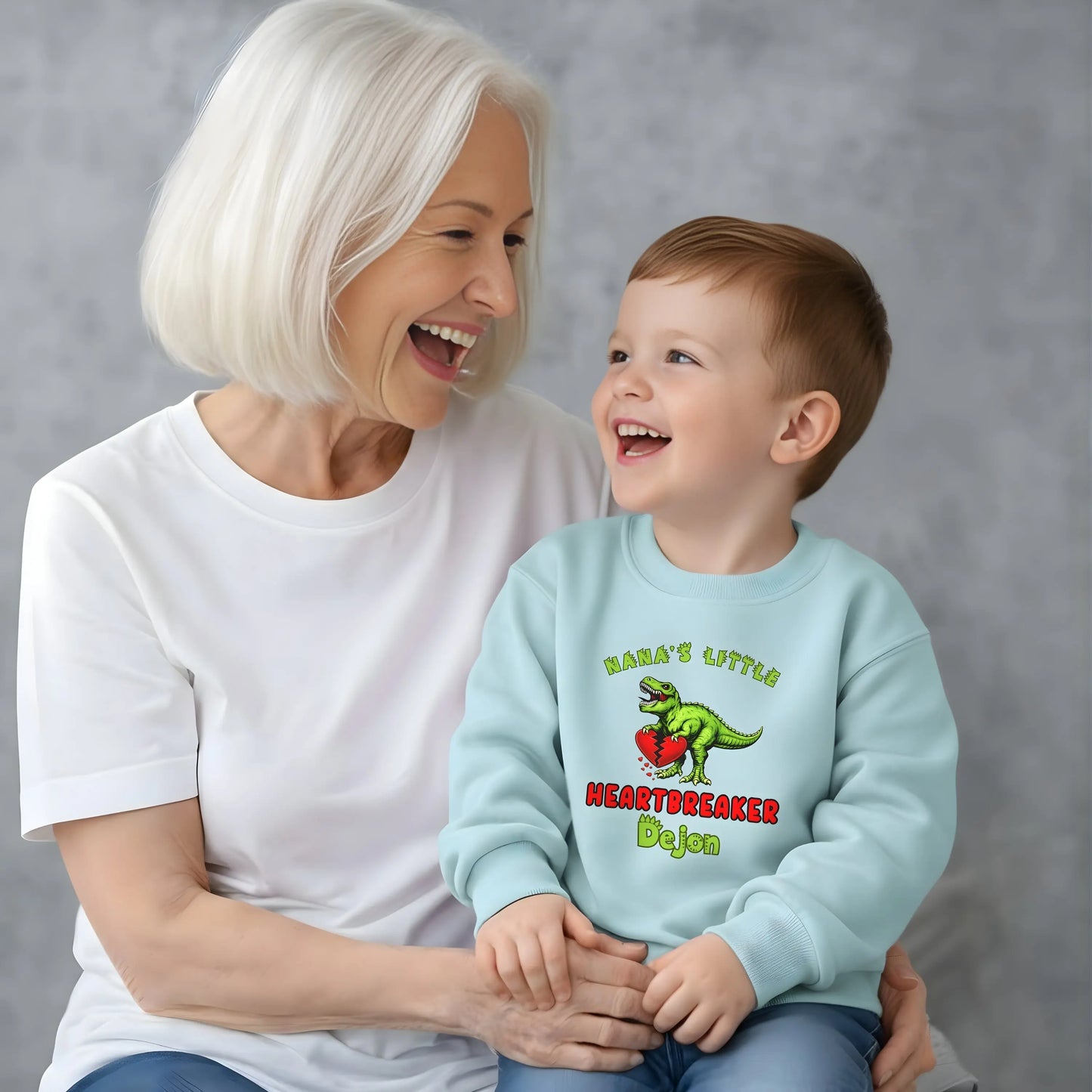 Boys Valentines Day Sweatshirt with a dinosaur and custom name. Gift for boys for Valentines Day